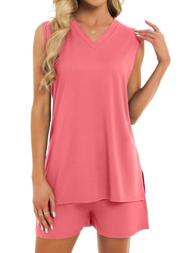 VUTRU Set For Womens 2 Piece Summer Outfits Matching V Neck Tank Top and Shorts with Pockets Lounge Beach Vacation Casual Light Pink M - Image 1