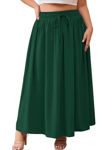 AusLook Plus Size Maxi Skirt for Women High Waisted Elastic Waist Flowy A Line Long Dark Green 5X Skirt with Pockets Casual Summer Beach Vacation - Image 1