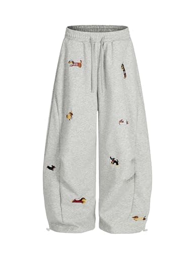 Vamtac Embroidery Puppy Baggy Sweatpants Wide Leg Pants Unisex Drawstring Casual Y2k Barrel with Pockets Gray - Image 1