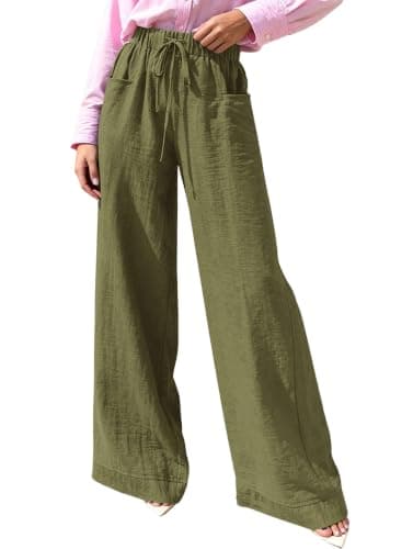 KIRUNDO Wide Leg Palazzo Pants for Women Summer High Waist Flowy Casual Trousers Lounge Pants Beach Vacation Travel Outfits (Army Green, Small) - Image 1