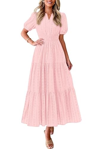 PRETTYGARDEN Womens Summer Maxi Dresses 2026 Casual Puff Sleeve V Neck Smocked Flowy Eyelet Cotton Dress Spring Sundress(Pink,Large) - Image 1