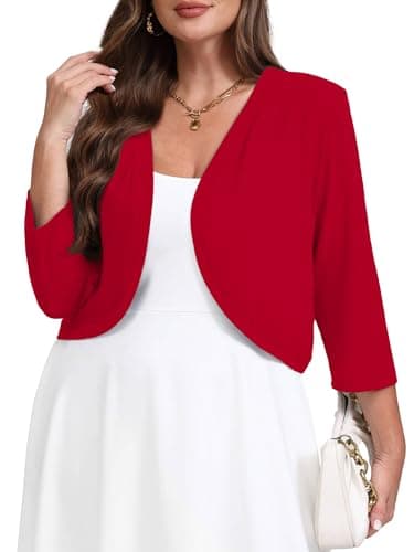 AusLook Plus Size Women Bolero Shrugs 3/4 Sleeve Red 3X Open Front Knit Lightweight Coat Cropped Tops Shawls and Wraps Cardigan Dressy Sweater Clothes - Image 1