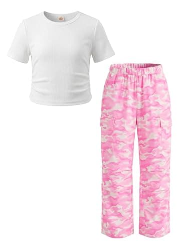 JiAmy 2PCS Outfits for Girls T-Shirt Top & Cargo Pants with Pockets Casual School Travel Clothes Tween Teen Girls 13-14Y - Image 1