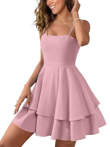 Caracilia Dresses for Women Summer Spaghetti Strap Tiered Cocktail Party Teen HOCO Short Mini Dresses Casual Formal Outfits Light Pink Medium - Image 1