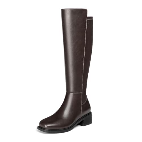 Athlefit Knee High Boots Women Square Toe Block Low Heel Stretch Leather Chocolate Brown Boots Fall Riding Shopping Long Tall Booties 5.5 - Image 1