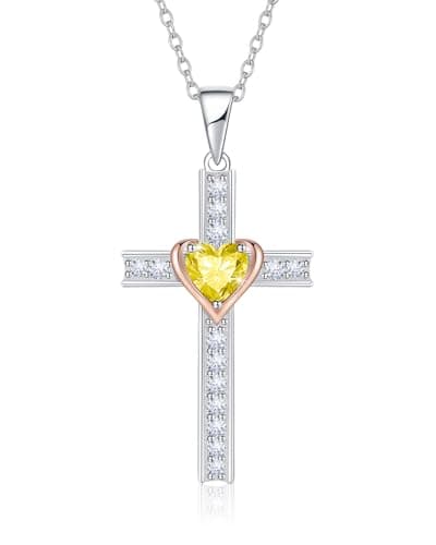 November Birthstone Cross Necklace for Women, 925 Sterling Silver 5A CZ Birth Stone Dainty Cross Pendant Non-Tarnish Hypoallergenic Jewelry Christmas Anniversary Birthday Gifts Girlfriend Wife Mom - Image 1
