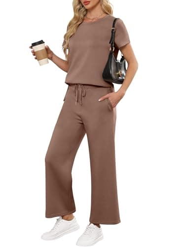 ANRABESS Women 2 Piece Lounge Sets Summer Travel Sweat Outfits Short Sleeve Wide Leg Casual Matching Tracksuits Clothes Brown Large - Image 1