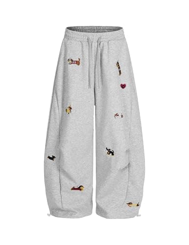 Aelfric Eden Embroidery Puppy Baggy Barrel Sweatpants Casual Y2K Elastic Drawstring Unisex Wide Leg Pants Lantern Trouser Grey L - Image 1