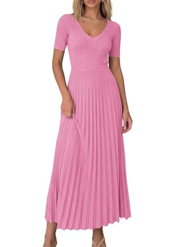 PRETTYGARDEN Women's 2026 Spring Midi Sweater Dresses Elegant Pleated Ribbed Knit Short Sleeve V Neck A Line Summer Outfits (Pink,Medium) - Image 1