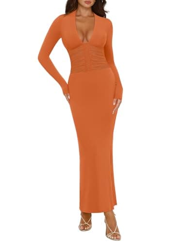 REORIA Women's Sexy Deep V Neck Long Sleeve Dress Mesh Sheer Ruched See Through Bodycon Maxi Long Dresses Harvest Pumpkin X-Small - Image 1
