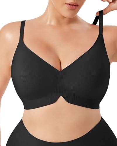 LIIJOO Wireless Seamless T-Shirt Bra for Women Ribbed Longline V Plunge Lightly Lined Cups Adjustable Straps 4-Row Hook Back-Smoothing Side Support Breathable Stretch Everyday(Black, 3XL) - Image 1