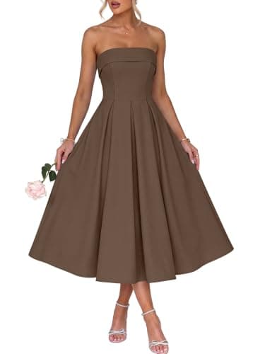 Caracilia Women’s Strapless Semi Formal Midi Dress Summer Tube Top Pleated Flowy Spring Wedding Guest Cocktail Party Dress Brown Mediun - Image 1