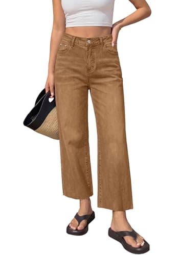 BTFBM Jeans for Women 2026 Summer High Waisted Button Straight Leg Stretchy Cropped Raw Hem Trendy Denim Pants Pockets(Camel,16) - Image 1