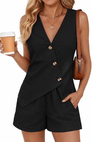 Lazysmile Summer 2 Piece Sets for Women Fashion Matching Set Button Down Suit Vest Tops and Shorts Casual Outfits Black - Image 1