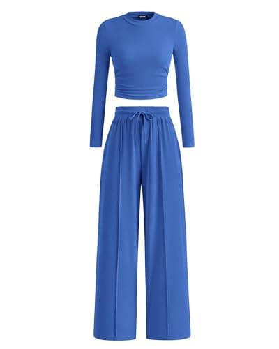 BTFBM Casual 2 Piece Sets For Women Fall Outfits 2026 Ribbed Spring Long Sleeve Crop Top Wide Leg Pants Matching Lounge Set(Blue, Large) - Image 1