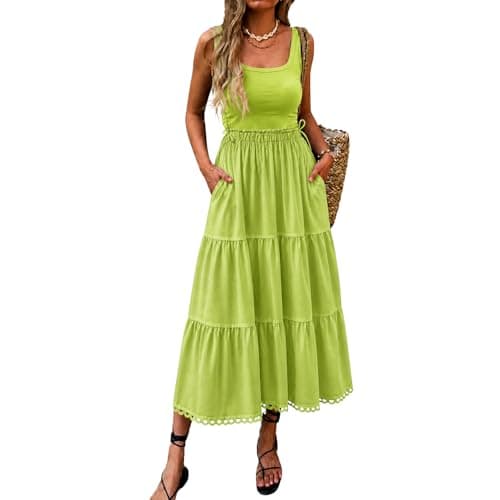 materasu Women Sleeveless Midi Dress with Pocket Drawstring Waist Tiered Casual Summer Dress Blue - Image 1