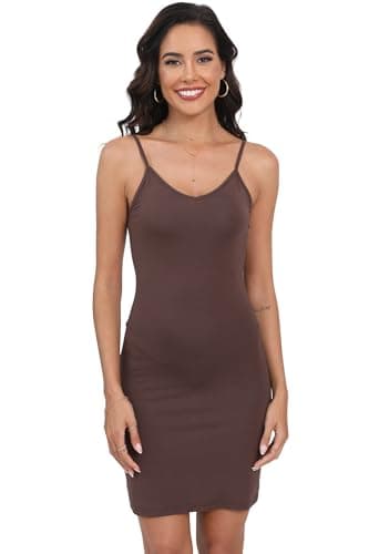 EaseWay Women's Basic Adjustable Spaghetti Strap Cami Under Mini Slip Dress Brown - Image 1