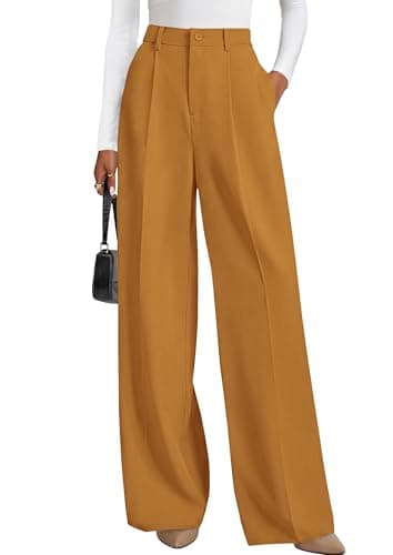 PRETTYGARDEN Wide Leg Pants for Women Trendy 2026 Fall High Waisted Business Casual Outfits Work Pant Trousers (Brown Yellow,Medium) - Image 1