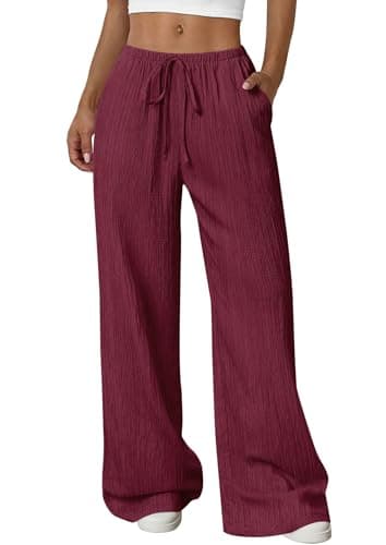 PRETTYGARDEN Womens Palazzo Pants Summer Fashion 2026 High Waisted Wide Leg Drawstring Flowy Beach Trousers with Pockets (Burgundy,X-Large) - Image 1