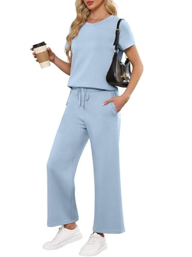 ANRABESS Women 2 Piece Lounge Sets Summer Travel Sweat Outfits Short Sleeve Wide Leg Casual Matching Tracksuits Clothes Sky Blue X-Small - Image 1
