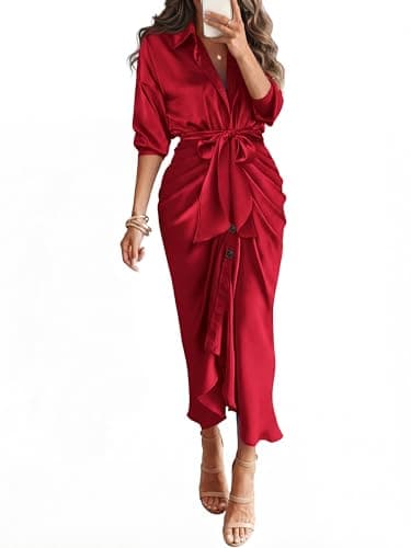 BTFBM Summer Dresses for Women 2026 Long Sleeve V Neck Button Down Elegant Belted Ruched Satin Silk Shirt Fall Dress(Red, X-Large) - Image 1