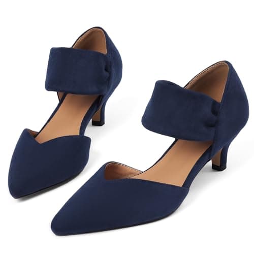COMFITORIA Womens Low Kitten Heels Closed Pointed Toe Slip on Pumps Ankle Strap Heels Sexy Elegant Bridal Party Dressy Shoes, Blue, Size 9.5 - Image 1