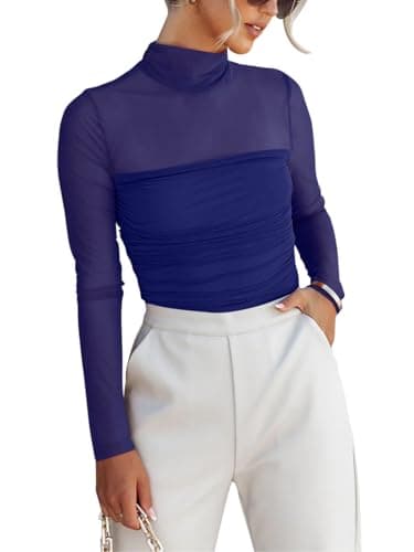 REORIA Women’s Trendy Sexy Mock Turtle Neck Long Sleeve Sheer Mesh Ruched Going Out Bodysuits Tops Dark Blue Large - Image 1