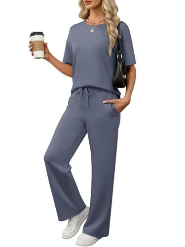 ANRABESS Lounge Sets for Women 2 Piece Summer Casual Travel Outfits 2026 Short Sleeve Wide Leg Pants Matching Set Sweatsuits