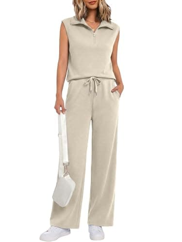 Casly Lamiit Womens 2 Piece Outfits for Women Quarter Zip Sleeveless V Neck Tank Top Sweatpant Travel Airport Clothing Set Sweatsuits Dark Beige XL - Image 1