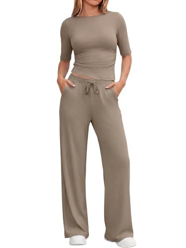 Casly Lamiit Two Piece Sets for Women Lounge Sets Summer Workout Sets Casual Active Wear Airport Travel Outfit Half Sleeve Wide Leg Pants Sweatsuit Dark Khaki M - Image 1