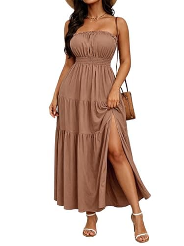 ABKY Off The Shoulder Dress Summer Strapless Tube Top Dresses Long Flowy A Line Side Slit Vacation Beach Holiday Party Outfit Khaki S - Image 1