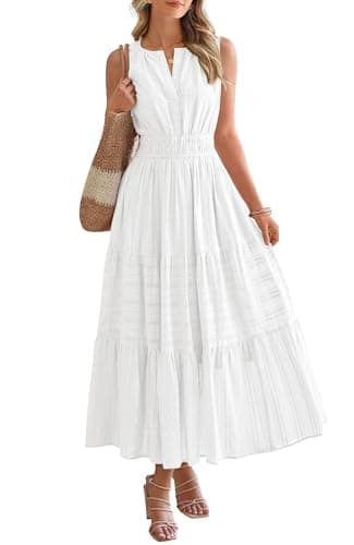 BTFBM Summer Dresses for Women 2026 Sleeveless Boho V Neck A Line Flowy Spring Casual Maxi Dress Beach Vacation Pockets(White, Large) - Image 1