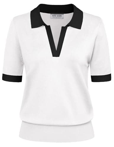 Kate Kasin Women Short Sleeve Polo Sweater Tops Lightweight Summer V Neck Color Block Knit Pullover Top Shirt White Black S - Image 1