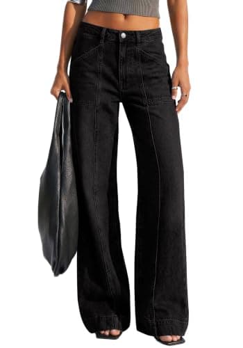 BTFBM Women's Wide Leg Jeans High Waisted Stretchy Straight Leg Baggy Jeans Trendy Front Seam Loose Denim Pants Pockets(Black, 6) - Image 1