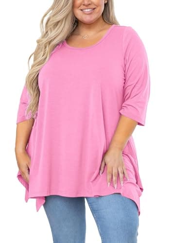 AusLook Plus Size Blouses for Women 3/4 Sleeve Pink 3X Crewneck Clothes Pleated Clothing Flowy Tunic Tops Loose Fit Babydoll Maternity Shirts - Image 1