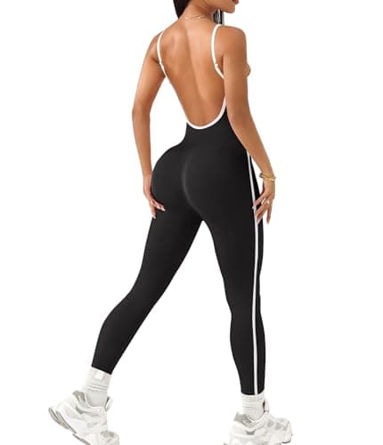 YOAKUKA Women's Seamless Workout Jumpsuit Backless Bodycon Romper Spaghetti Strap Tummy Control Bodysuit Gym Pilates Outfit - Image 1