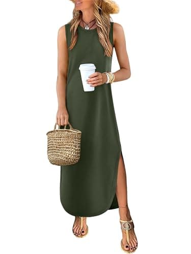 ANRABESS Summer Dresses for Women 2026,Sleeveless Loose Fit Casual Maxi Sundress,Wrinkle-Free Soft Beach Vacation Clothes Army Green Medium - Image 1