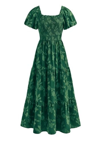PRETTYGARDEN Women's 2026 Summer Boho Maxi Dresses Floral Short Sleeve Square Neck Smocked Flowy Long Dress Vacation Outfits (Dark Green,X-Large) - Image 1