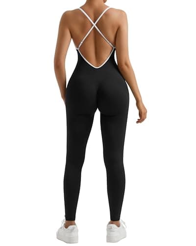 MOOSLOVER Women Strappy Backless One Piece Jumpsuits Tummy Control Padded Workout Rompers(L,#1 Black White) - Image 1