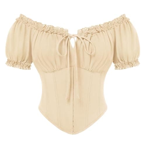 Scarlet Darkness Women Corset Tops Renaissance Off the Shoulder Shirt Teens Summer Dressy Lace Square Neck Blouse Apricot L - Image 1