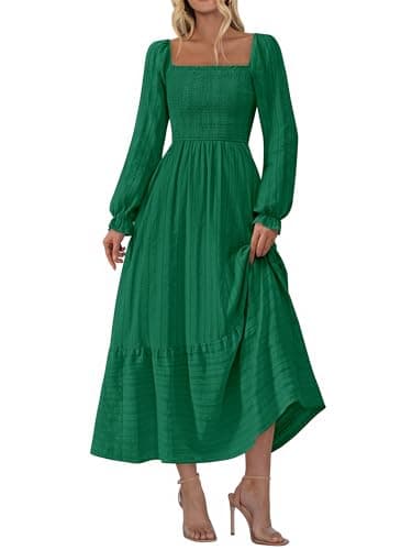 BTFBM Women Maxi Spring Dresses 2026 Long Sleeve Solid Color Square Neck Smocked Boho Long Wedding Guest Dress(Green,XX-Large) - Image 1