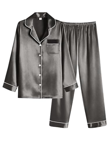 Ekouaer Women Satin Pajamas Set Classic Button Down Long Silk Pjs Set,Medium,Deep Grey - Image 1