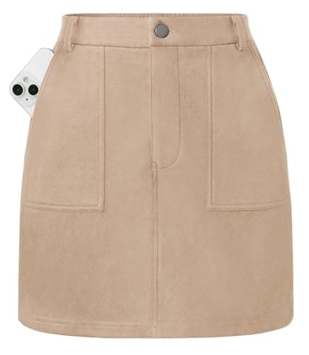 Kate Kasin Beige Suede Mini Skirt for Women, Fall Winter Skirts 2026, High Waist Pencil Skirt with Pockets S - Image 1