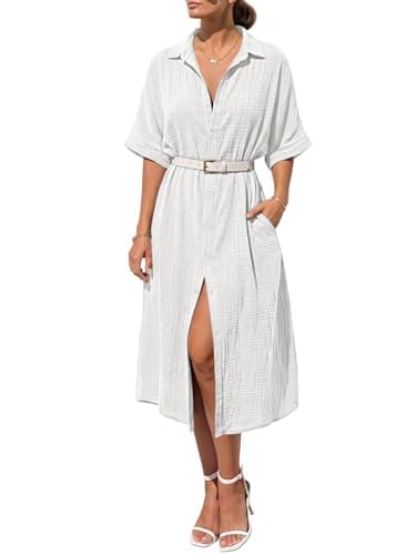 LILLUSORY Summer Long Shirt Dresses for Women 2026 Beach Vacation Outfits Casual Button Down Short Sleeve Swimsuit Coverup White L - Image 1