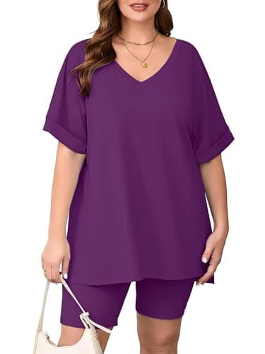 AusLook Women's Plus size 2 Piece Short Outfits Set Short Sleeve Tops and Shorts Pants Purple 1X Casual Comfy Soft Ladies Short Sleepwear Lounge Pajama Matching Set - Image 1