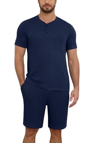 NITAGUT Men’s Summer Pajama Set Lightweight Loungewear Short Sleeve Henley Top & Sleep Shorts 2 Piece Stretch Lounge Set with Pockets,Navy Blue S