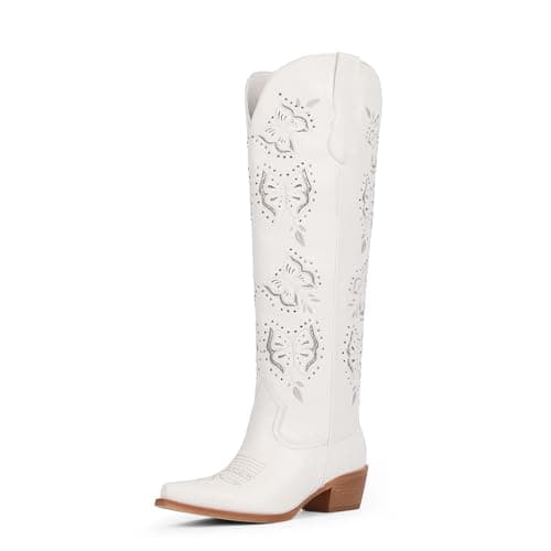 Easyfox White Cowgirl Boots Women Rhinestone Knee High Cowboy Boots for Women Chunky Heel Butterfly Embroidered Cow Girl Boot Pointed Toe Slip on Western Boot Size 7.5 - Image 1