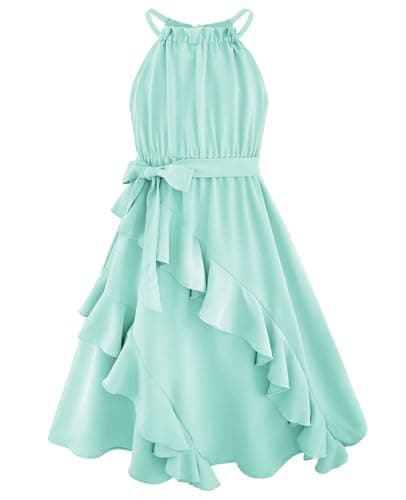 Kids Dresses Girls Spring Easter Dress Elegant Halter Sleeveless Tiered Ruffle Cute Formal Party Sundresses Size 6-7 Mint Green - Image 1