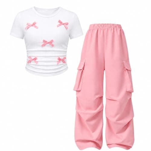 Zylvae Girls 2 Piece Clothes Short Sleeve Cute Bow Decoration T-Shirt Top + Cargo Pants Teen Girl 2pcs Outfit Set, Size 8-9 Years - Image 1