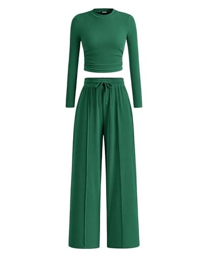 BTFBM Casual 2 Piece Sets For Women Fall Outfits 2026 Ribbed Spring Long Sleeve Crop Top Wide Leg Pants Matching Lounge Set(Dark Green, XX-Large) - Image 1